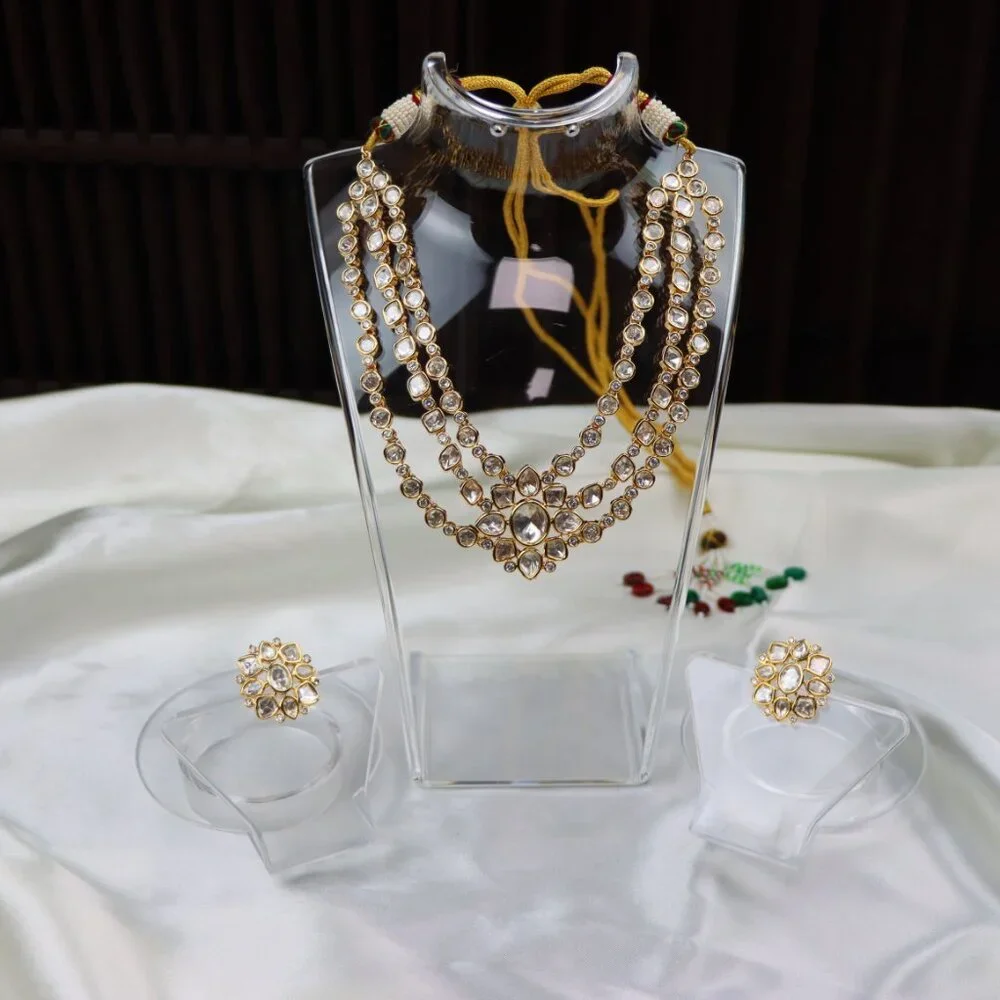 Regal Triple-Layer Kundan Necklace & Earrings Set, JP34
